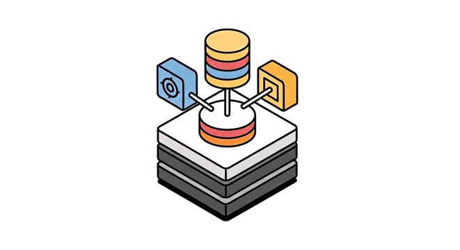 Isometric vector illustration of a database server with connected modules, representing data storage, processing, and network connectivity.