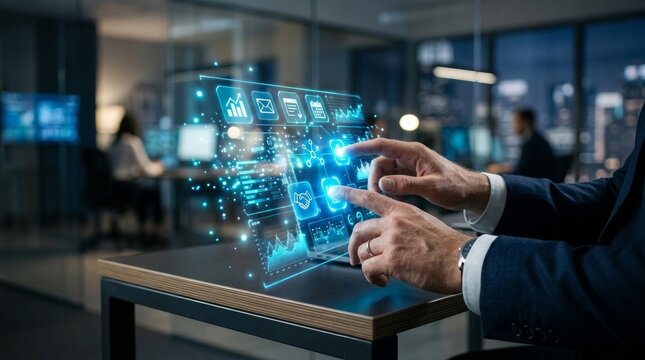 Person interacting with futuristic holographic display at tech event