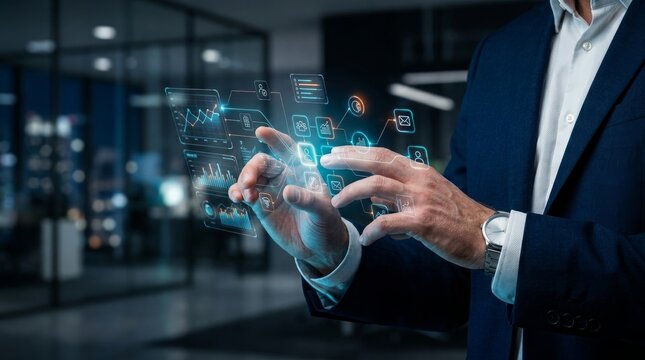 Person using augmented reality holographic interface with futuristic technology