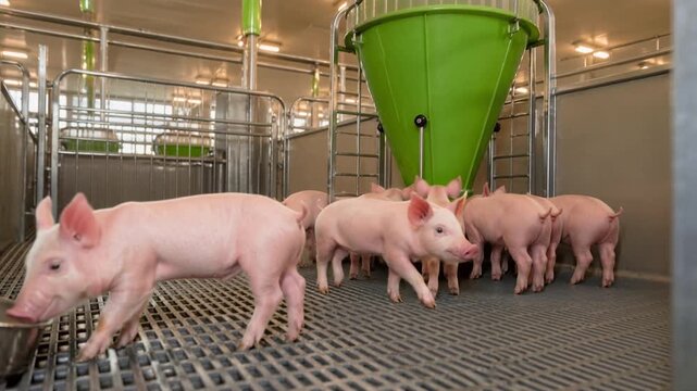 Pigs and piglets inside indoor pen with automated feeding and watering system at industrial livestock farm