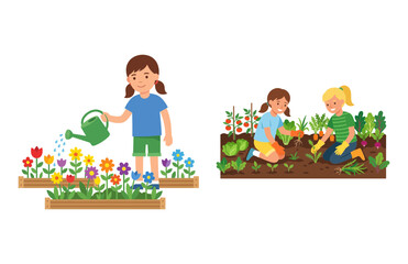 Naklejka premium Cute Children Gardening Together Watering Flowers and Planting Vegetables in a Garden Bed