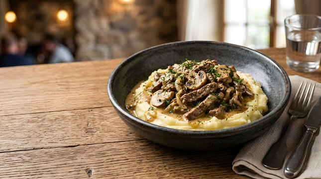 Classic Beef Stroganoff with Creamy Mushroom Gravy over Mashed Potatoes