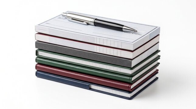Stack of colorful checkbooks with a ballpoint pen isolated on a white background