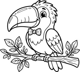 Cute toucan bird perched on branch with bow tie isolated on transparent background © Mansura
