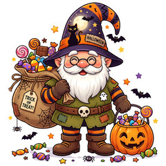 Fototapeta premium Halloween Gnome with Candy Bag and Jack o lantern Pumpkin Clipart on Transparent Background
