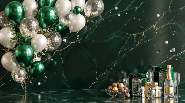 A festive happy birthday celebration background featuring elegant green and white balloons with a bottle of champagne