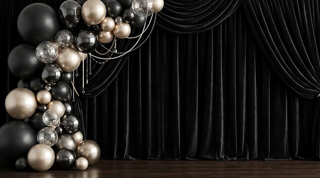 Elegant black and silver balloon arch decoration for a luxury happy birthday party celebration background with copy space