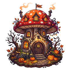 Fototapeta premium Whimsical Halloween Mushroom House with Pumpkin and Spooky Decor Clipart on Transparent Background