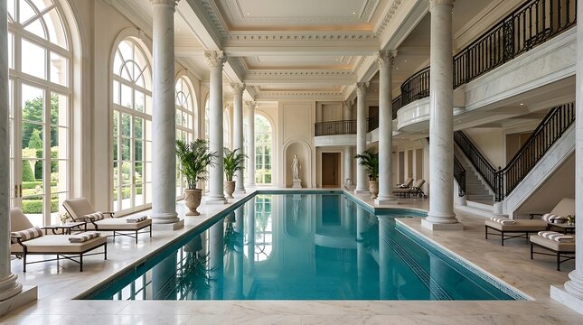Luxurious indoor swimming pool in a grand mansion with tall white pillars and comfortable lounge chairs for relaxation