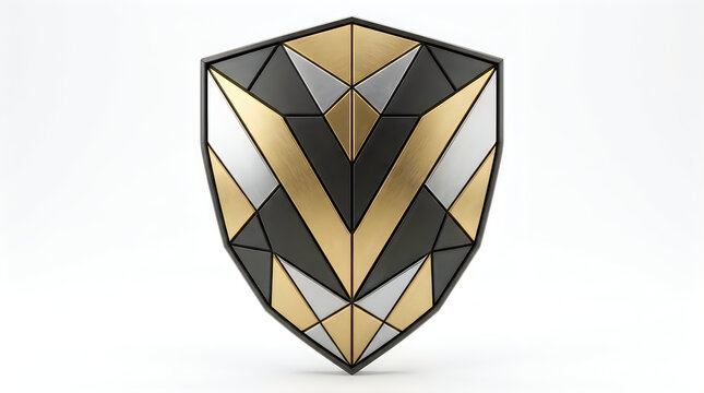 A decorative medieval style shield featuring a modern geometric pattern with gold and black accents