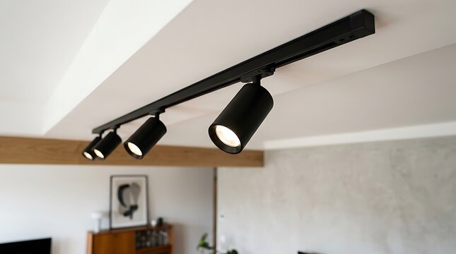 Modern black track lighting system with multiple spotlights mounted on a ceiling in a contemporary living room space