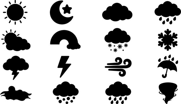 Black silhouette weather icons set including sun moon clouds rain isolated on transparent background