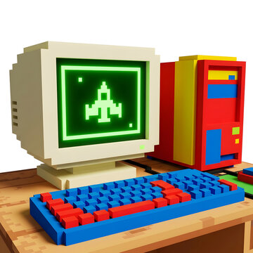 Retro gaming computer with colorful pixel art graphics on vintage monitor display.