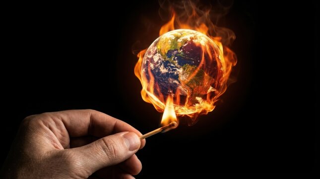 Hand holding a match lighting a burning earth