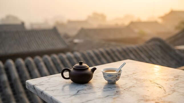 China National Day Chinese National Day Tea set on marble table overlooking traditional Chinese rooftops at sunrise tea, teapot, teacup