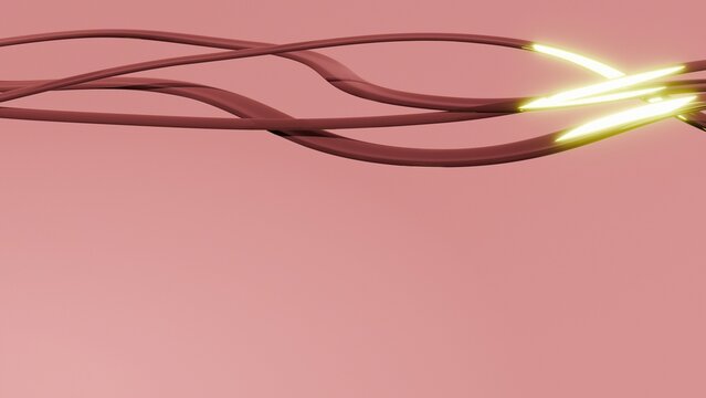 Glowing cables transmitting signals across pink workspace
