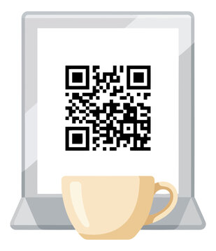 Qr code on a table stand with a coffee cup