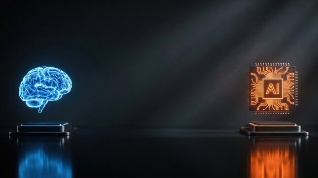 Glowing blue human brain hologram on pedestal facing glowing orange AI microchip processor on dark reflective background.