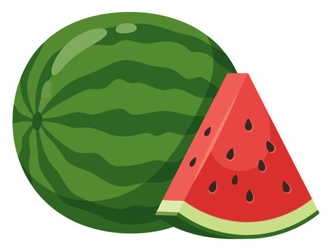 Whole round striped watermelon next to a single red slice with black seeds