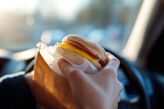 Close up of hands holding breakfast sandwich in car. Driver eating fast food burger while driving. Busy lifestyle concept