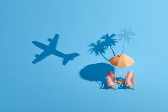 Silhouette of an airplane and palm trees over beach chairs. Summer travel and vacation concept on blue