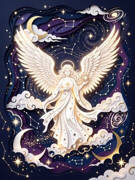 Luminous papercut celestial angel with feathered wings on clouds under starry sky