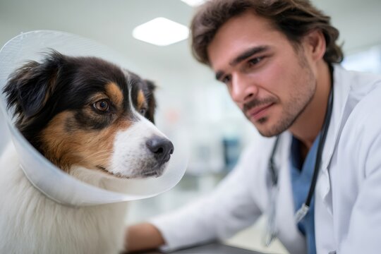 Male veterinarian examining an Australian Shepherd dog wearing a protective plastic cone. Professional vet doctor checking a pet patient in a medical clinic