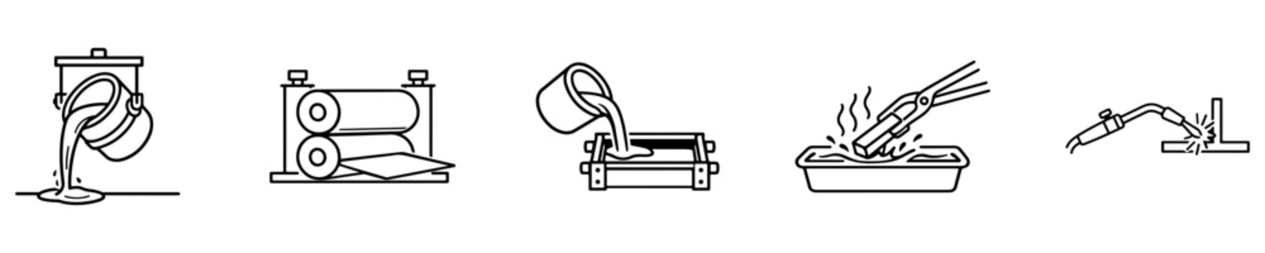 Metallurgy and metalworking process outline icon set with clean industrial line art on white background.