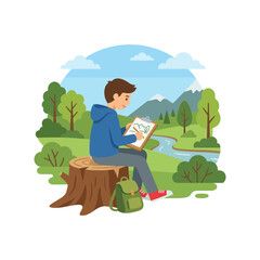 Fototapeta premium Young Boy Sitting on a Tree Stump Sketching a Beautiful Landscape Scene in Nature