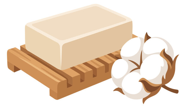 Bar of soap on wooden soap dish with raw cotton boll vector illustration