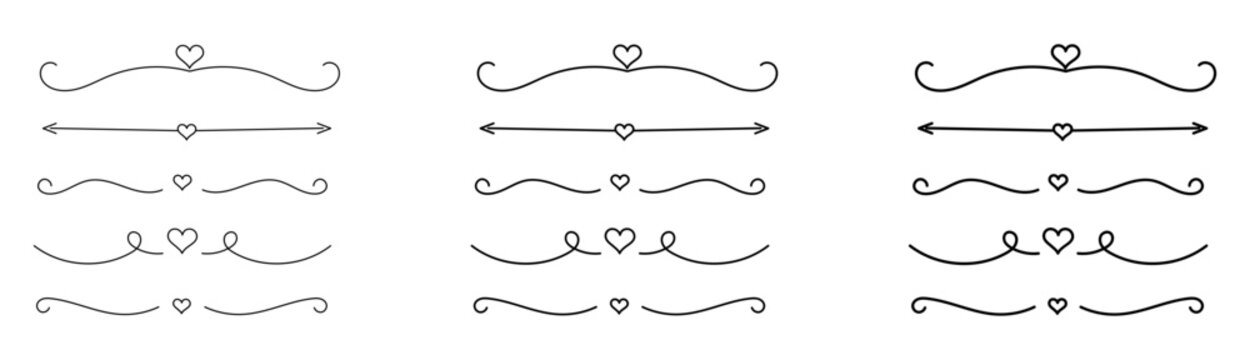 Romantic Heart Divider and Decorative Flourish Set in Different Line Weights for Wedding Invitations, Valentine Cards and Love Designs