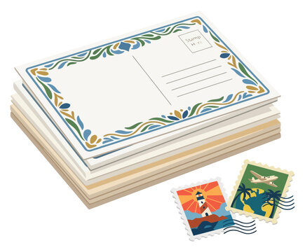 Stack of blank postcards with decorative border and postage stamps
