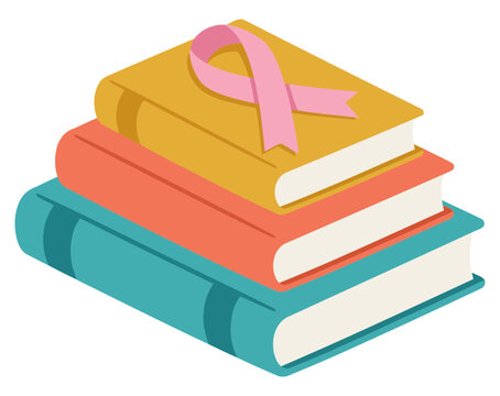 Stack of books with a pink ribbon on top vector illustration