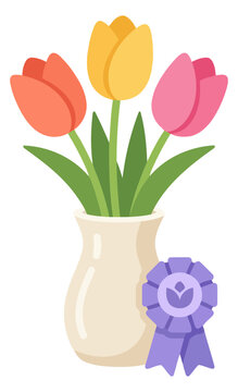 Tulip flowers in a vase with a purple award ribbon