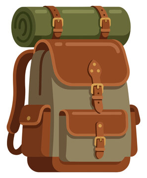 Vintage style hiking backpack with rolled sleeping bag