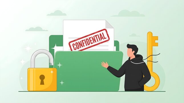 flat vector illustration of man holding key to locked folder, for data security and information access