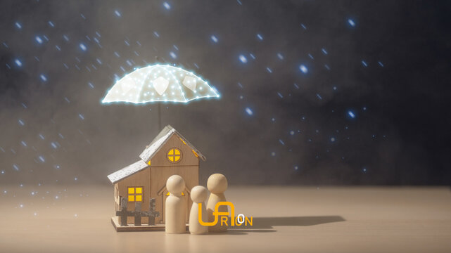 Home insurance concept with family and house protected by glowing umbrella, symbolizing property protection, financial security, safety, coverage, insurance.