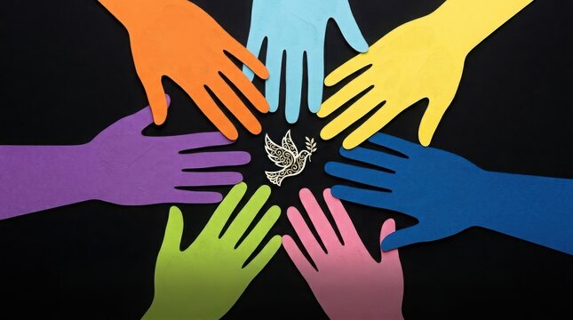Colorful hands surrounding a dove symbol
