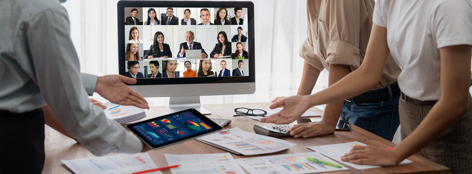 Business people on video conference for brisk virtual group meeting of corprate business office workers