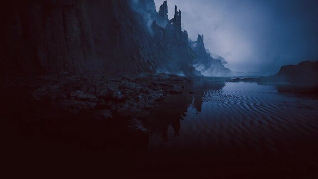 Distant ruined castle reflected on calm water, low mist hugging shoreline, jagged towers cutting into hazy sky, gothic silhouette and tranquil mirror surface