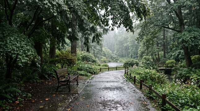 A serene, wet paved walkway with a wooden bench winding through a dense green forest park during a rainy day.