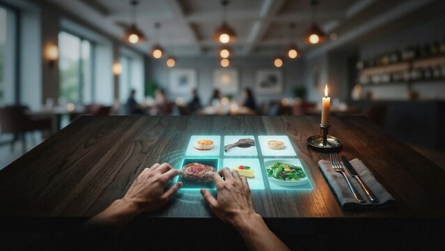 Futuristic Interactive Restaurant Menu Display on Wooden Table