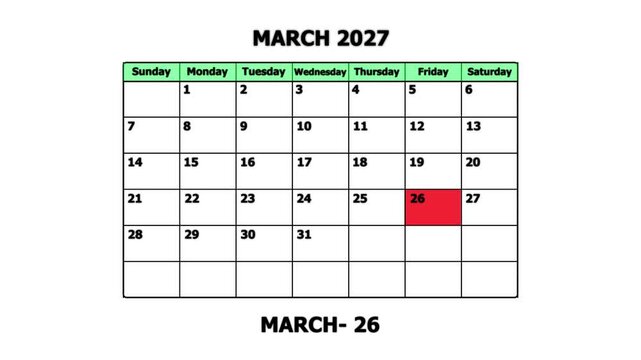 March 2027 calendar page with highlighted date march 26th for planning and scheduling schedule