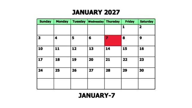 January 2027 calendar page with highlighted date january 7th for planning and scheduling schedule