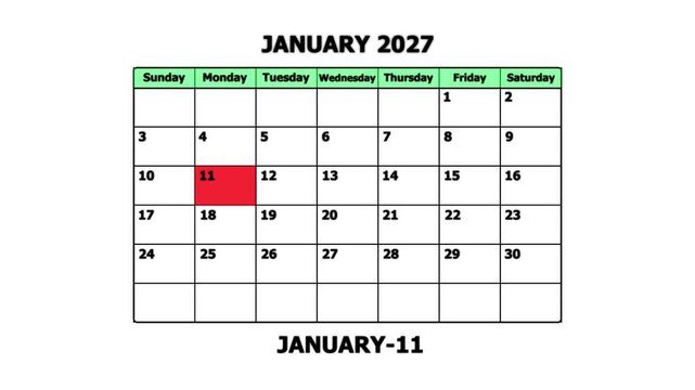 January 2027 calendar page with highlighted date january 11th for planning and scheduling schedule
