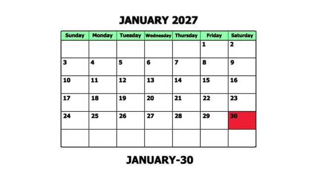 January 2027 monthly calendar page with highlighted date january 30th for planning and scheduling monthly planner