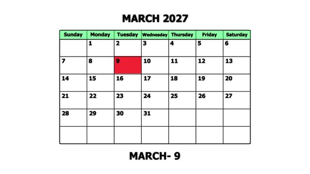 March 2027 calendar page highlight with marked date march 9th for planning and scheduling schedule