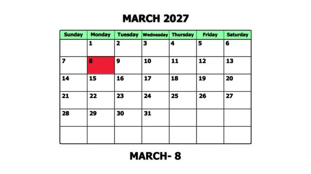 March 2027 monthly calendar page with highlighted date march 8th for planning and scheduling monthly planner