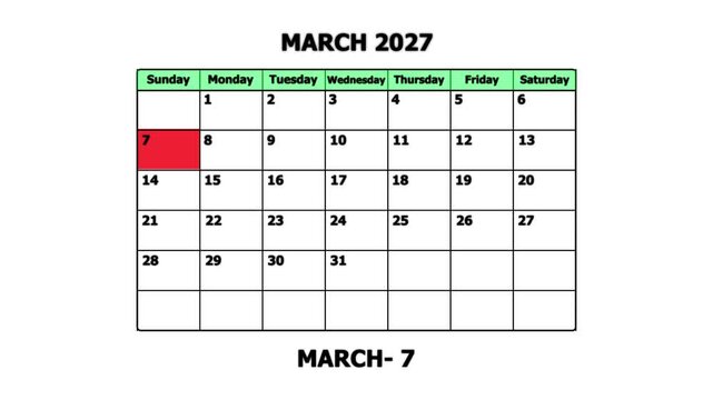 March 2027 calendar page with march 7th highlighted date for planning and scheduling schedule