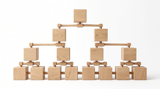 Wooden blocks organizational chart representing corporate hierarchy and business structure.